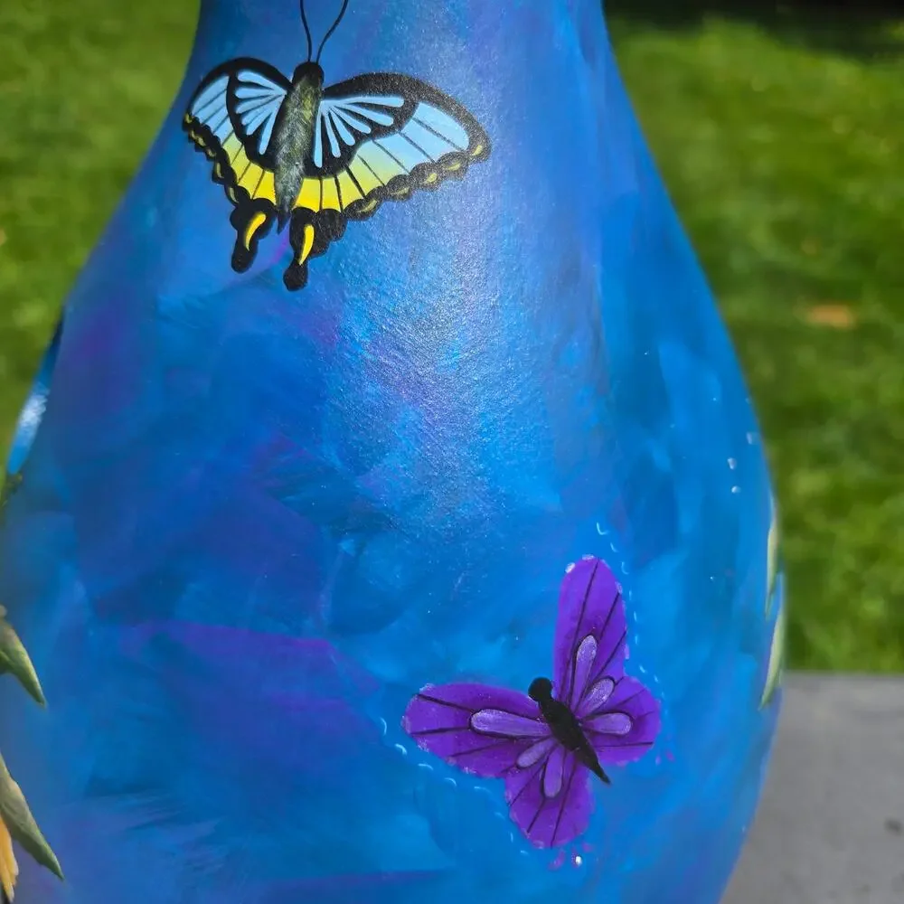 Handpainted Butterfly Hanging Gourd Birdhouse Blue Yellow Green Purple 16